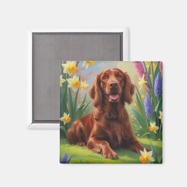 Irish Red Setter Dog Spring Flowers Painting  Magnet (Front/Back)