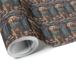 Irish Red Setter Dog With Christmas Gift Fireplace Wrapping Paper