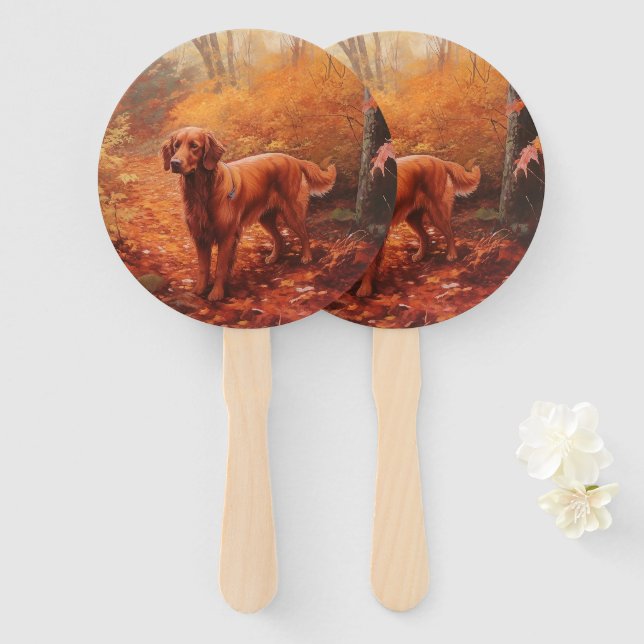 Irish Red Setter in Autumn Leaves Fall Inspire  Hand Fan (Front and Back)