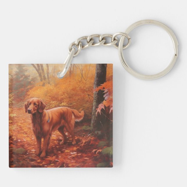 Irish Red Setter in Autumn Leaves Fall Inspire  Key Ring (Back)
