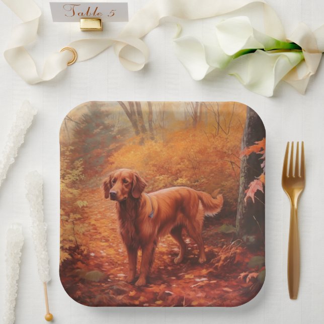 Irish Red Setter in Autumn Leaves Fall Inspire  Paper Plate (Wedding)