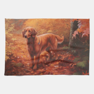Irish Red Setter in Autumn Leaves Fall Inspire  Tea Towel