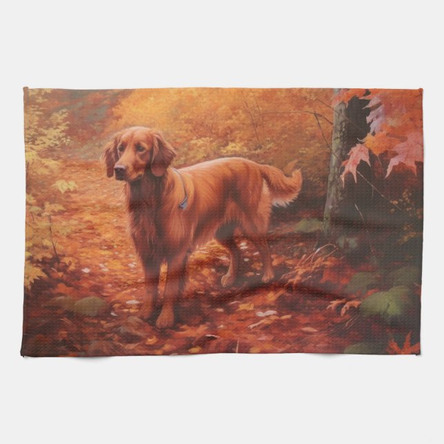 Irish Red Setter in Autumn Leaves Fall Inspire  Tea Towel (Horizontal)