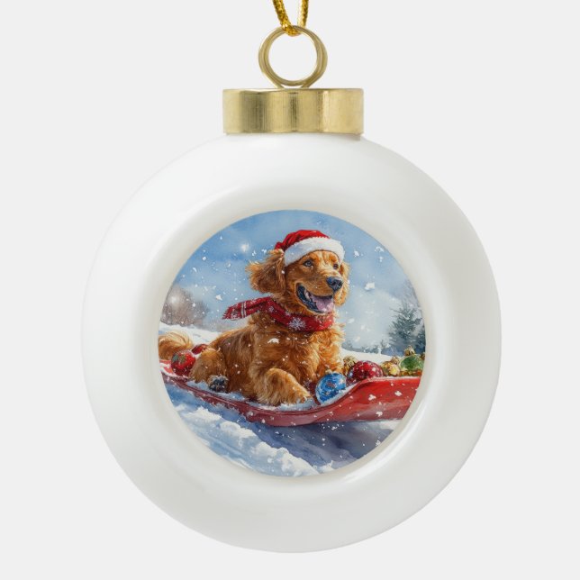 Irish Red Setter in Sledge Let it Snow Christmas Ceramic Ball Christmas Ornament (Front)