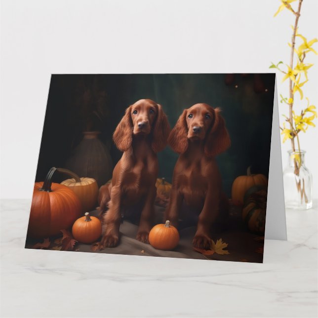 Irish Red Setter Puppy Autumn Delight Pumpkin Card (Yellow Flower)