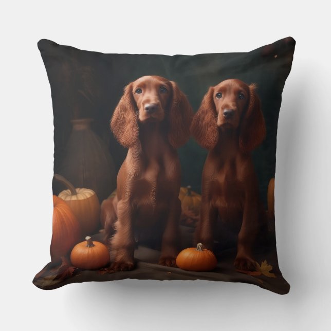 Irish Red Setter Puppy Autumn Delight Pumpkin Cushion (Front)