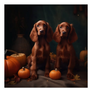 Irish Red Setter Puppy Autumn Delight Pumpkin Poster