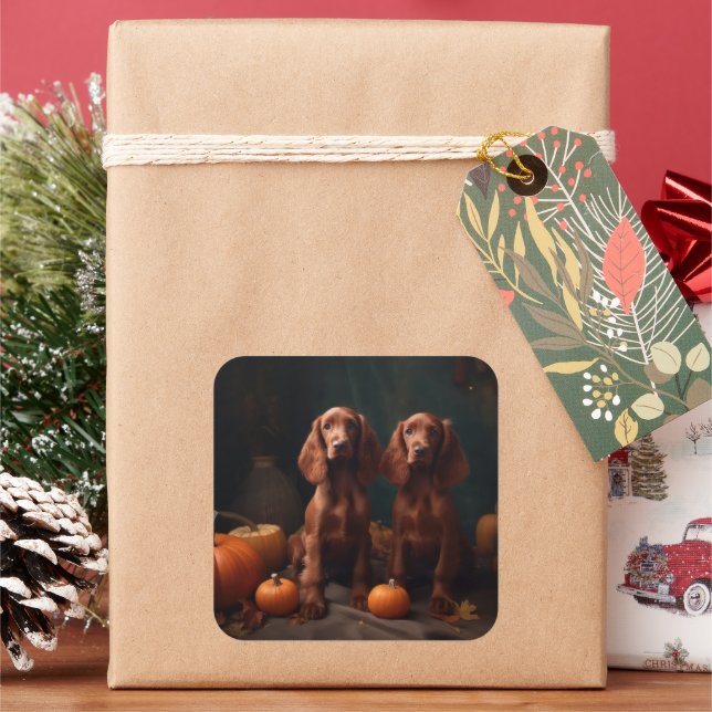Irish Red Setter Puppy Autumn Delight Pumpkin Square Sticker (Holiday)