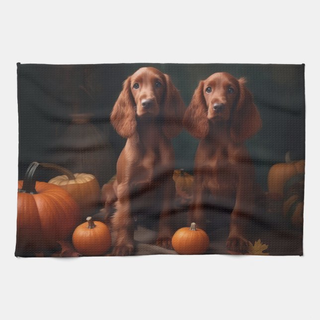 Irish Red Setter Puppy Autumn Delight Pumpkin Tea Towel (Horizontal)