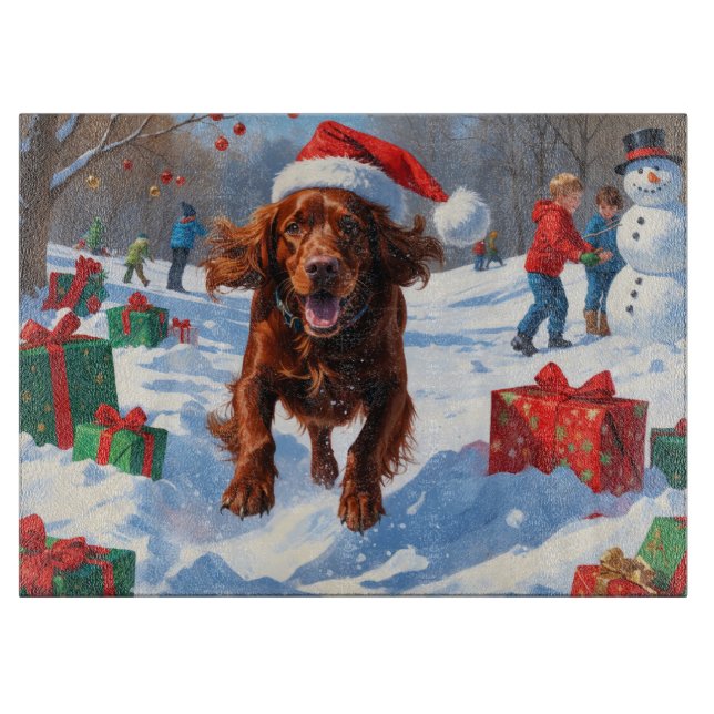 Irish Red Setter Running Snow with Christmas Hat Cutting Board (Front)