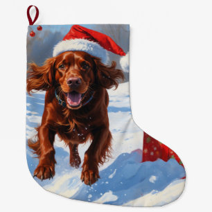 Irish Red Setter Running Snow with Christmas Hat Large Christmas Stocking