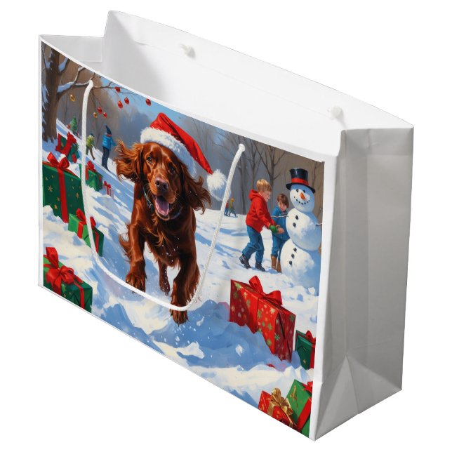 Irish Red Setter Running Snow with Christmas Hat Large Gift Bag (Front Angled)