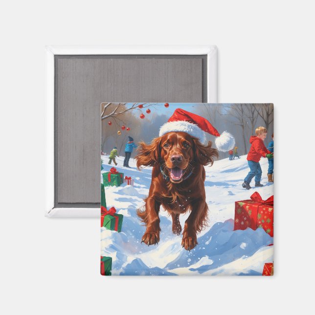 Irish Red Setter Running Snow with Christmas Hat Magnet (Front/Back)