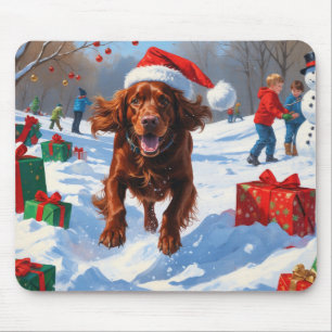 Irish Red Setter Running Snow with Christmas Hat Mouse Mat