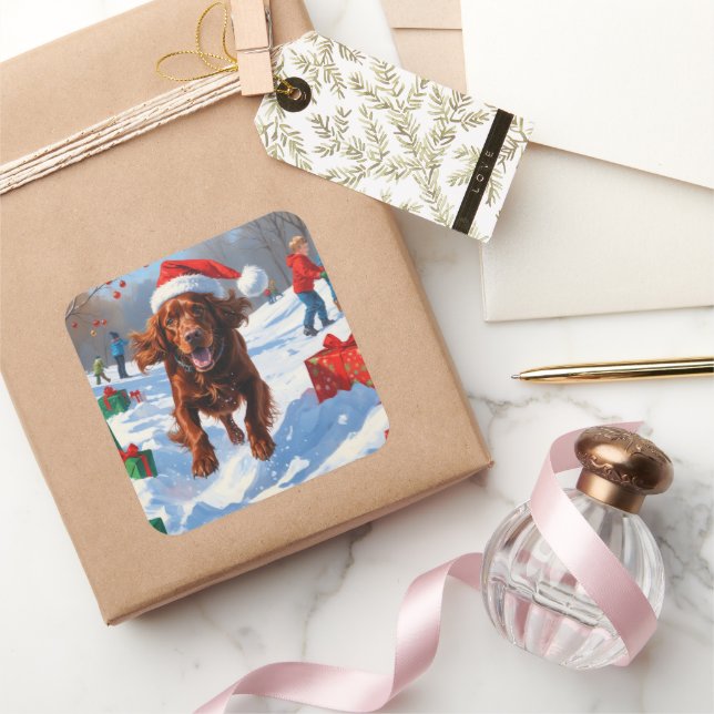 Irish Red Setter Running Snow with Christmas Hat Square Sticker (Gifting)