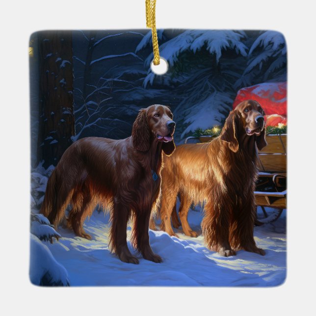 Irish Red Setter Snowy Sleigh Christmas Decor  Ceramic Ornament (Front)