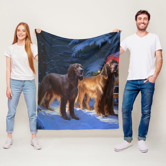 Irish Red Setter Snowy Sleigh Christmas Decor  Fleece Blanket (In Situ)