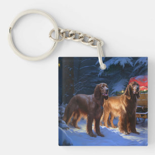 Irish Red Setter Snowy Sleigh Christmas Decor Key Ring