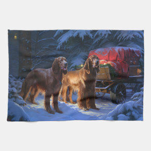 Irish Red Setter Snowy Sleigh Christmas Decor Tea Towel