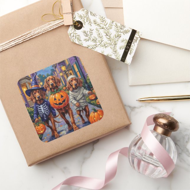 Irish Red Setter Trick-or-Treating Halloween Square Sticker (Gifting)