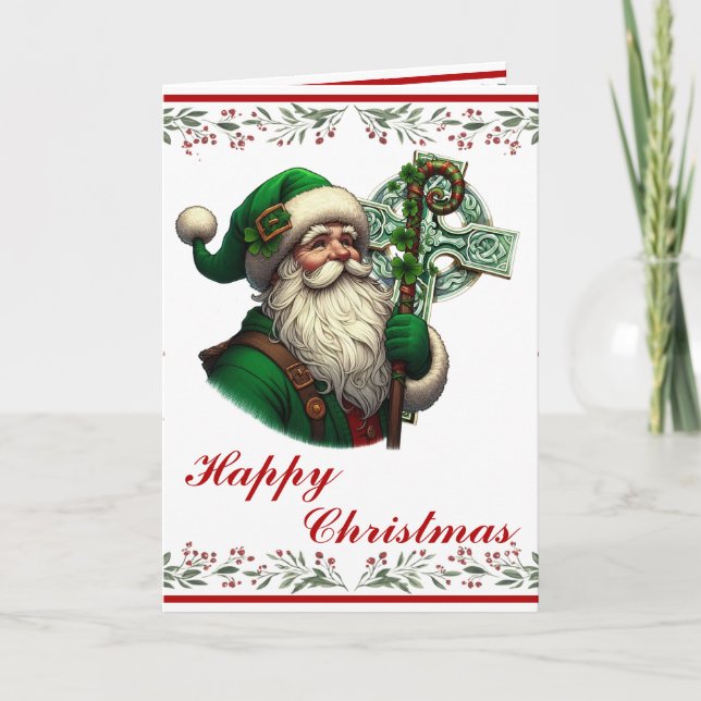 Irish Santa with Celtic Cross Personalised Xmas Card (Front)
