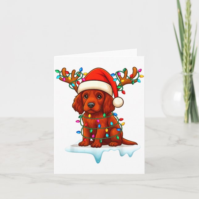 Irish Setter Christmas Santa Hat Reindeer Lights P Card (Front)