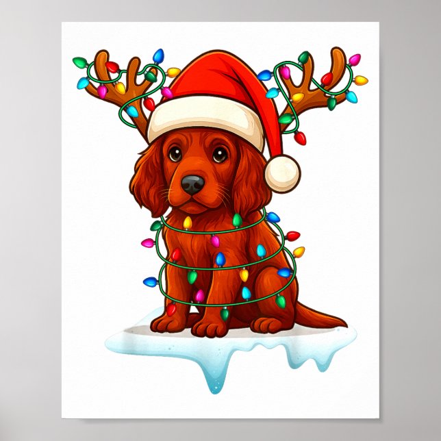 Irish Setter Christmas Santa Hat Reindeer Lights P Poster (Front)