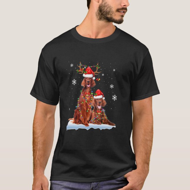 Irish Setter Christmas Tree Lights Reindeer Santa  T-Shirt (Front)