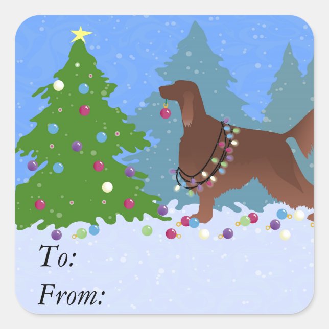 Irish Setter Decorating Tree in the Forest Square Sticker (Front)