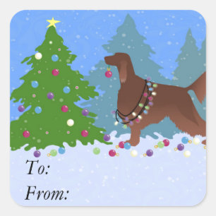 Irish Setter Decorating Tree in the Forest Square Sticker