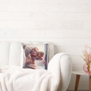 Irish Setter Dog Licking A Frozen Pole Cushion