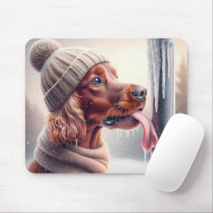 Irish Setter Dog Licking A Frozen Pole Mouse Mat