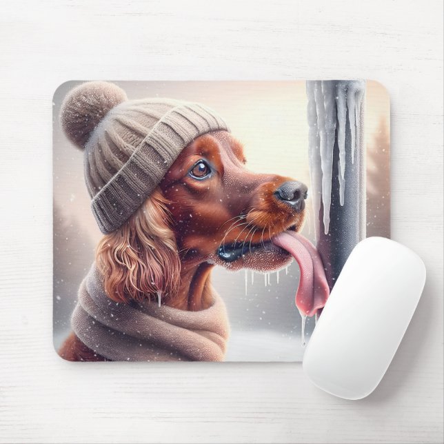 Irish Setter Dog Licking A Frozen Pole Mouse Mat (With Mouse)