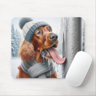 Irish Setter Dog Licking A Frozen Pole Mouse Mat