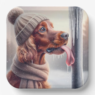 Irish Setter Dog Licking A Frozen Pole Paper Plate