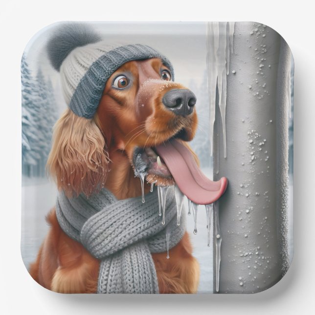 Irish Setter Dog Licking A Frozen Pole Paper Plate (Front)