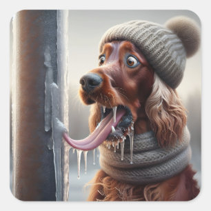 Irish Setter Dog Licking A Frozen Pole Square Sticker
