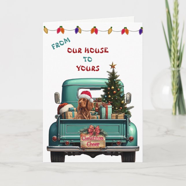 Irish Setter Dog Retro Farm Truck Christmas Card (Front)
