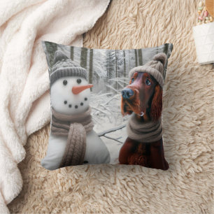 Irish Setter Dog With a Snowman Cushion