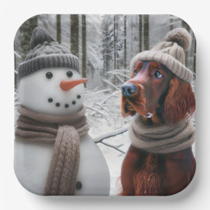 Irish Setter Dog With a Snowman Paper Plate