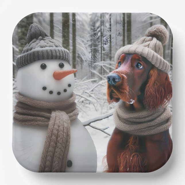 Irish Setter Dog With a Snowman Paper Plate (Front)