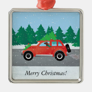 Irish Setter Driving a Car with a tree on top. Metal Tree Decoration