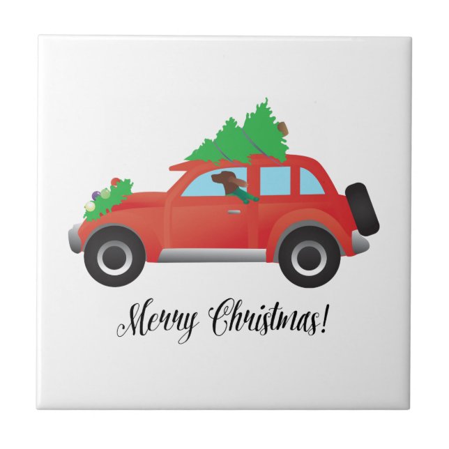 Irish Setter Driving a Car with a tree on top. Tile (Front)