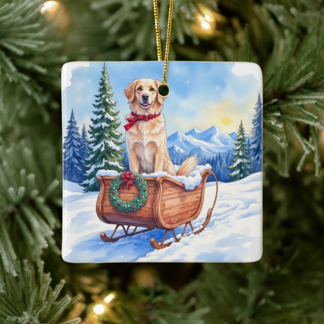 Irish Setter Enjoying Christmas Sleigh Ride Winter Ceramic Ornament (Tree)