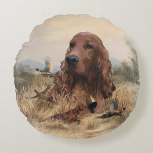 Irish Setter Hunting Pheasant ,Art Round Cushion