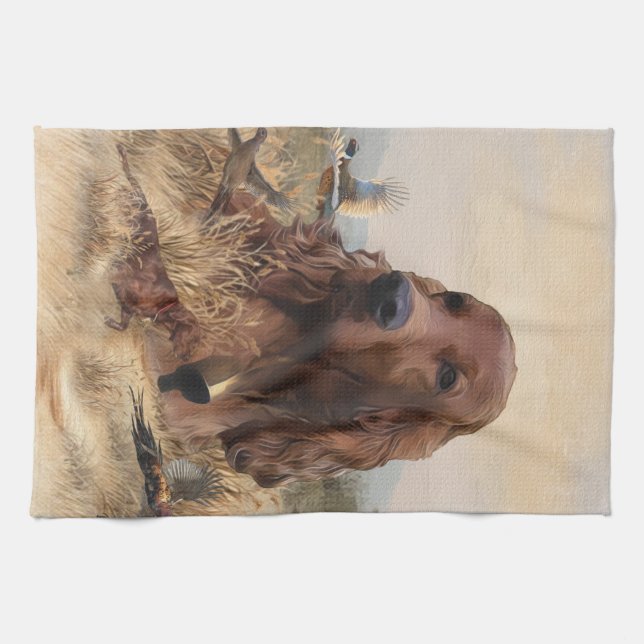 Irish Setter Hunting Pheasant ,Art Tea Towel (Horizontal)