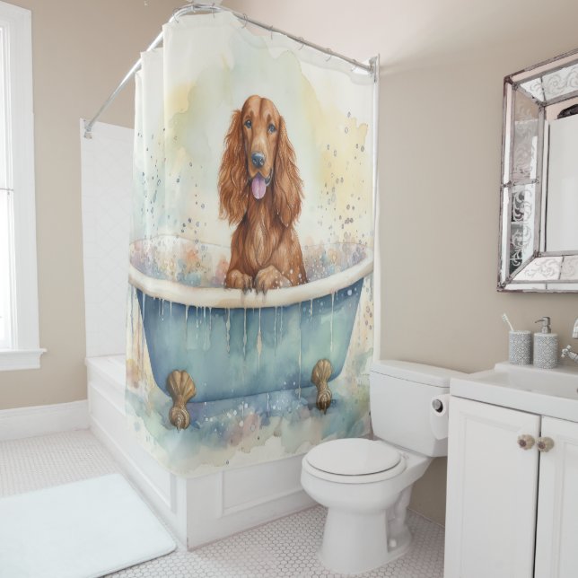 Irish Setter In Bathtub Watercolor Dog Art Shower Curtain (In Situ)