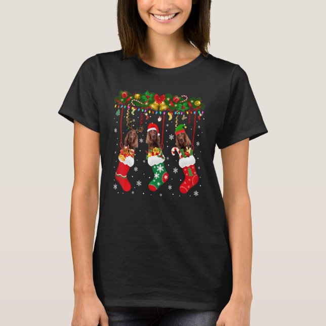 Irish Setter In Sock Xmas Reindeer Santa Elf Dog T-Shirt (Front)
