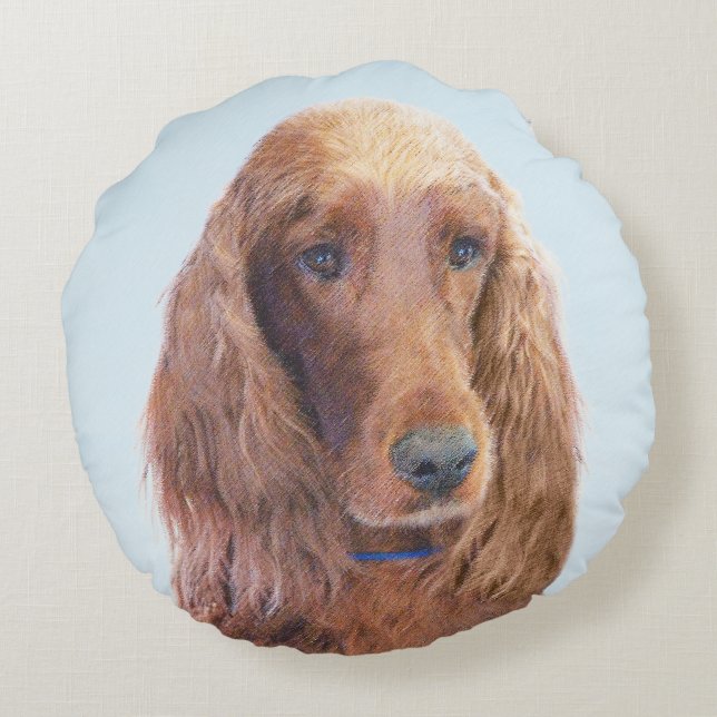 Irish Setter Painting - Cute Original Dog Art Round Cushion (Back)