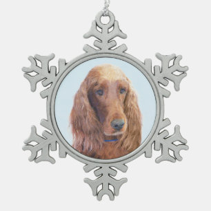 Irish Setter Painting - Cute Original Dog Art Snowflake Pewter Christmas Ornament